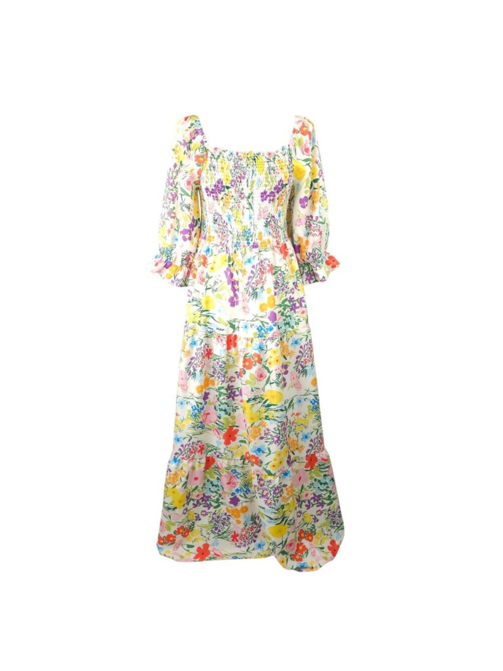 Sunday Up Maxi Dress L Floral Shirred Bodice Puff Sleeves Prairie Cottagecore